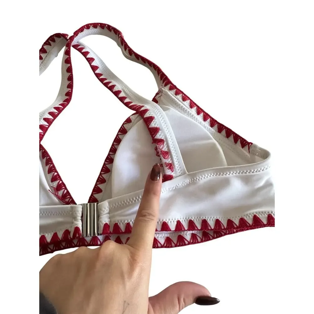 CUPSHE White Red Contrast Bikini Top Size M Cross Back Padded Swim Bralette